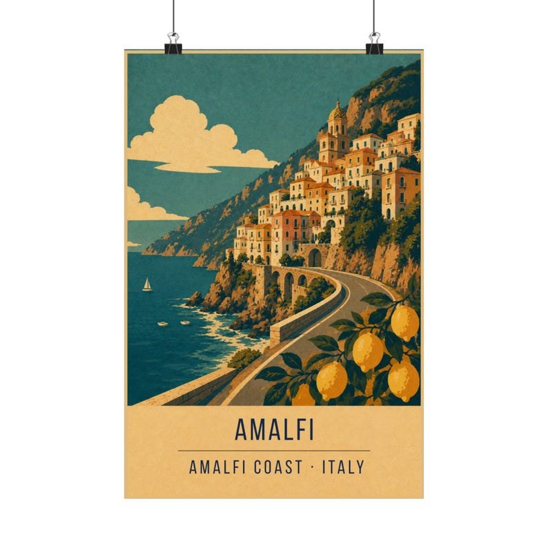 the Amalfi Coast retro travel poster print, Italy