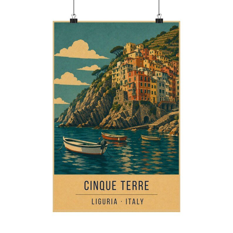 Cinque Terre retro travel poster print, Italy