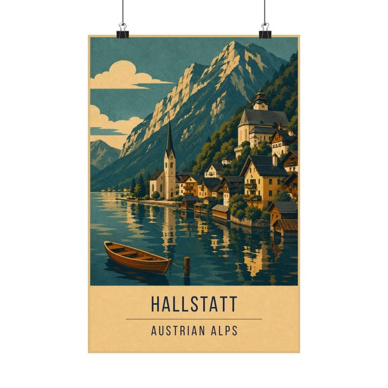 Hallstatt retro travel poster print, Austria