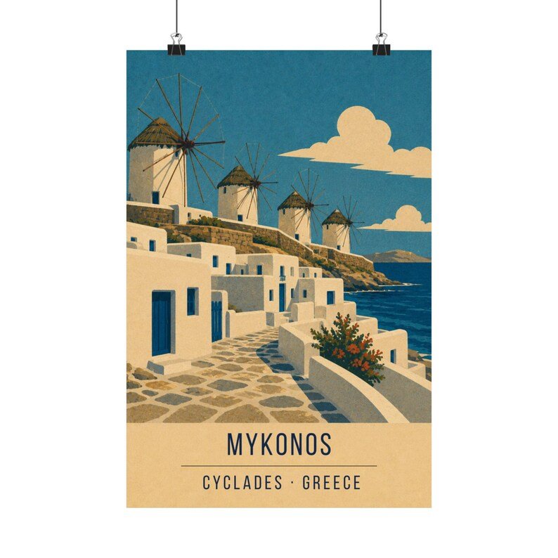 Mykonos retro travel poster print, Greece