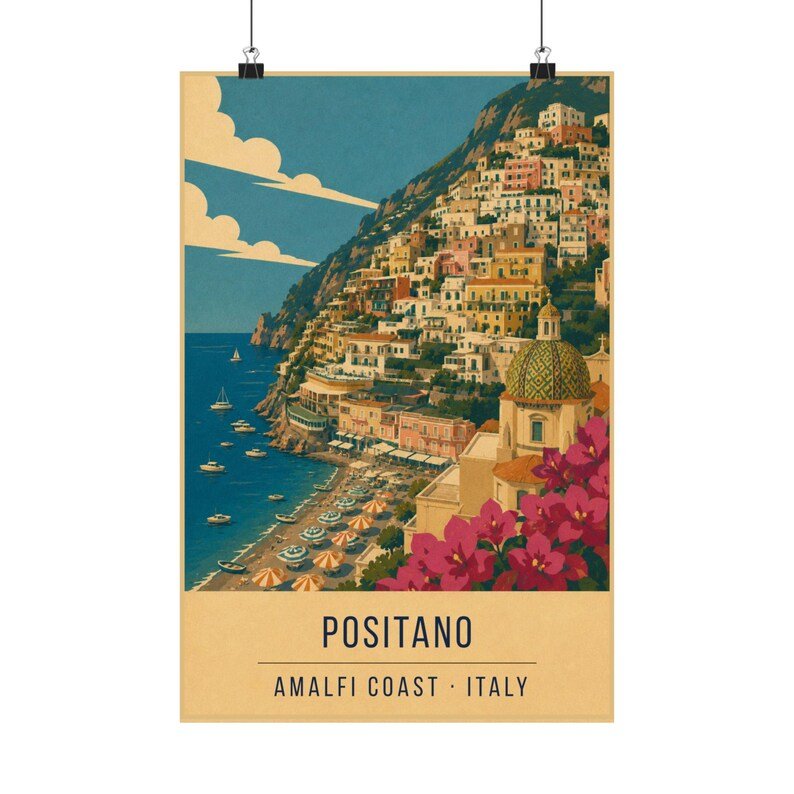 Positano retro travel poster print, Italy