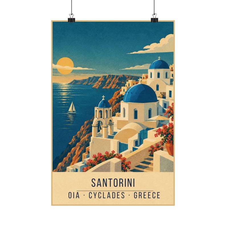 Santorini retro travel poster print, Greece